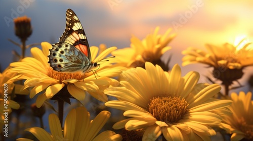 Close-up of a butterfly on yellow flowers in a field at a soft sunset. Nature, Landscape, Golden Hour, Summer, Animals, Insects, Wildlife concepts. Horizontal photo. photo