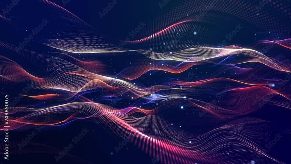 Waves run on surface from purple particles. Surface is formed by glowing particles. Looping motion design animation is a huge scene with wide angle. Suitable for festive events and presentations Waves run on surface from purple particles. Surface is formed by glowing particles. Looping motion design animation is a huge scene with wide angle. Suitable for festive events and presentations