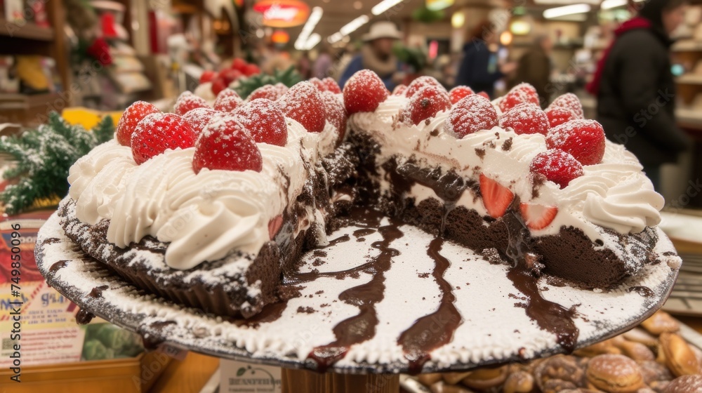 a chocolate cake with strawberries and whipped cream on top of it in a store with people in the background.