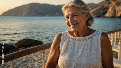 Bellissima donna anziana pensionata con i capelli bianchi, sorride su un isola della Grecia in una giornata di sole durante una vacanza