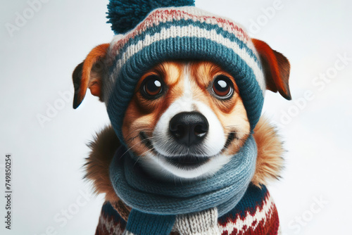 Happy dog with funny face expression dressed in winter with a scarf and mittens. ai generative