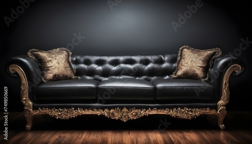 Black sofa isolated on a wooden floor, black wall behind