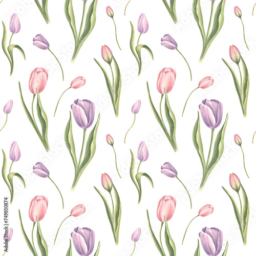 Seamless pattern from purple pink tulips with leaves on a white background. Hand drawn watercolor illustration garden spring blossom. Template for fabrics  wallpaper  scrapbooking  wrapping  textile.