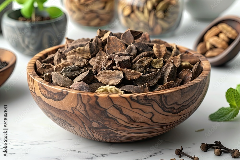 Dried cardamom seeds in wooden bowl
Dried cardamom seeds in wooden bowl