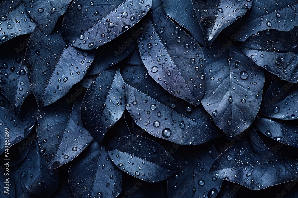 Obraz premium Dark blue leaf with rain droplets in the background