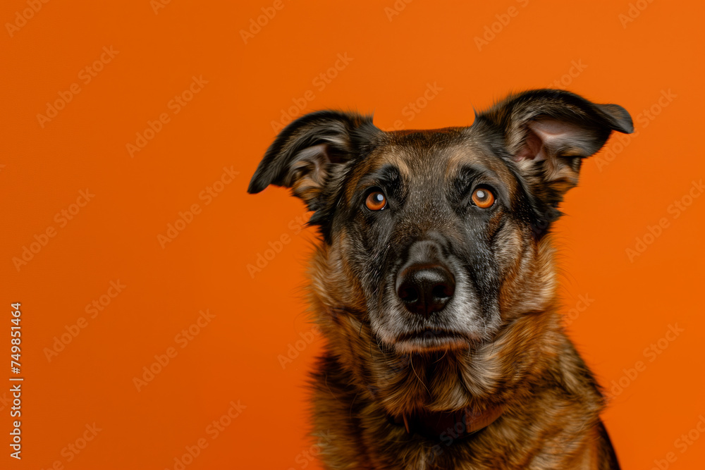 A brown dog with a black nose and brown eyes is staring at the camera
