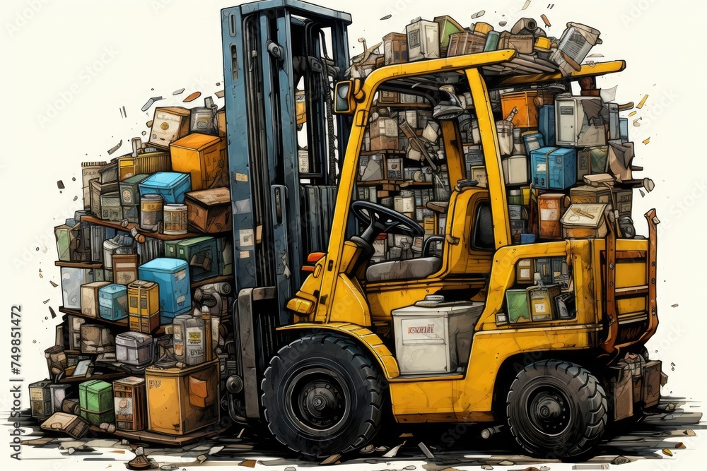 the forklift is yellow with trash