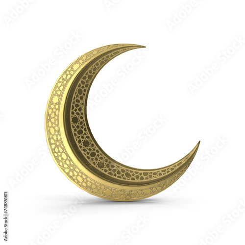 3D realistic shiny decorative crescent golden festival moon with star, Ramadan Kareem, Eid Mubarak holiday design moon isolated on white background