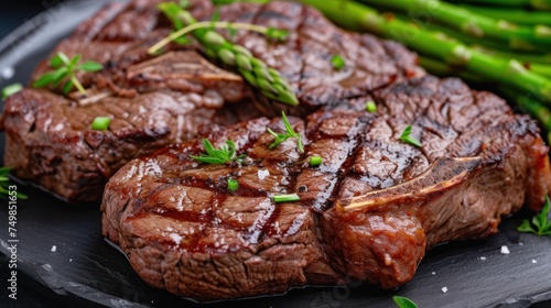 a close up of a steak on a plate with asparagus and asparagus spears on the side.