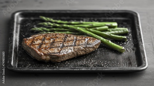 a piece of steak and asparagus are on a black plate on a gray surface with sprinkles of salt. photo