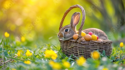 a brown bunny sitting in a basket with eggs in it's lap and a yellow flower in the background. photo