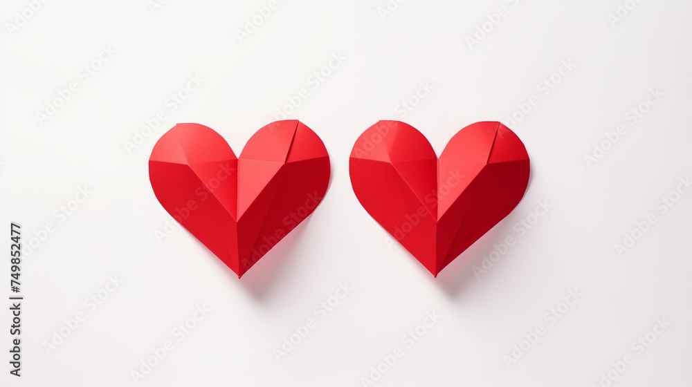 Two Red Origami Hearts on White Background - Ideal for Valentine's Day Gift Cards