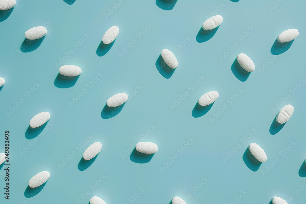A blue background with white pills scattered across it A blue background with white pills scattered across it