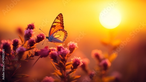 Close-up of a beautiful butterfly on pink flowers in a field at a soft sunset. Nature, Landscape, Golden Hour, Summer, Animals, Insects, Wildlife concepts. Horizontal photo from the copy space.