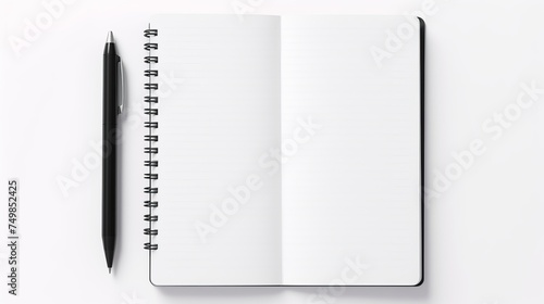 Top View of Open Blank Notebook and Pen Isolated on White Background. © Tahir