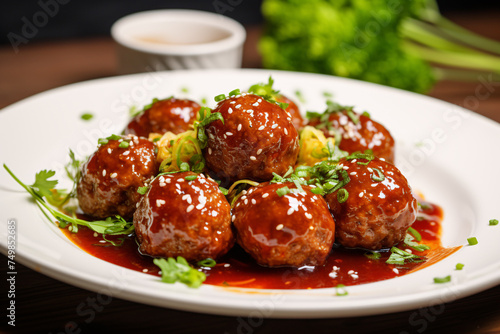 Meatballs with sauce and sesame on plate