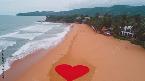 a red heart drawn on the sand of a beach next to the ocean with palm trees and houses in the background. photo