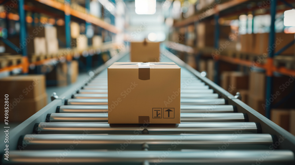 Cardboard box conveyor belt packages warehouse, distribution system products stored, product for delivery to customer, packing. Generative AI. Cardboard box conveyor belt packages warehouse, distribution system products stored, product for delivery to customer, packing. Generative AI.