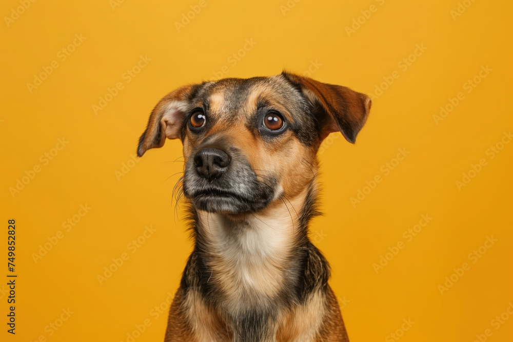 A brown and black dog with a black nose and brown eyes is staring at the camera