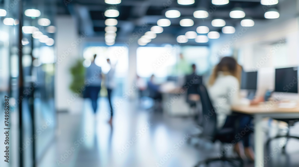 Fototapeta premium Blurred business office with people, bokeh at office interior background. Generative AI.