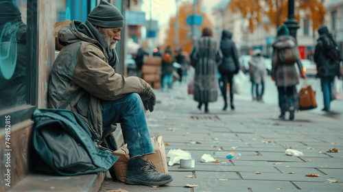 Homeless old man on city street, hungry homeless begging for help and money. Generative AI.