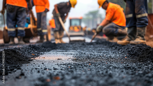 Road construction workers laying tarmac at a road construction site, asphalt, gravel leveled and road surface repair. Generative AI.