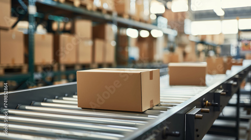 Cardboard box conveyor belt packages warehouse, distribution system products stored, product for delivery to customer, packing. Generative AI. © Ladanifer