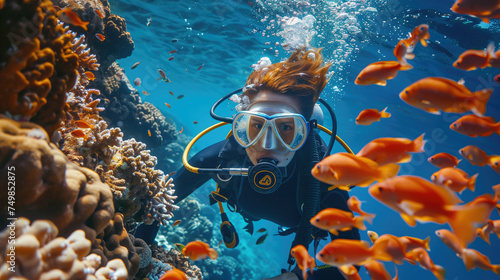 Female scuba diver swimming underwater in pristine tropical fish coral reef sea clear blue. Generative AI. photo