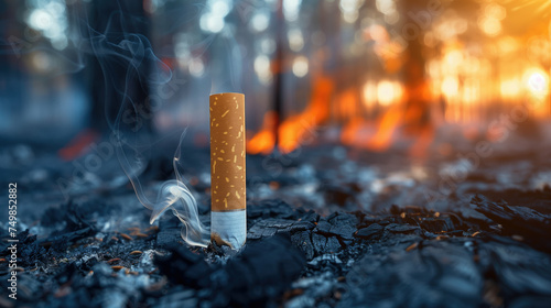 Forest fire caused by a cigarette end, arson attack. Generative AI.