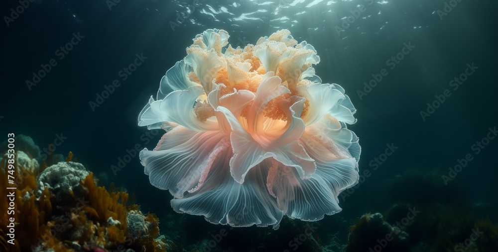 Gorgeous Jellyfish Bloom Drifting Showcase the ethereal beauty of a jellyfish bloom as it drifts serenely through the ocean currents, its translucent bodies pulsating with a mesmerizing rhythm Gorgeous Jellyfish Bloom Drifting Showcase the ethereal beauty of a jellyfish bloom as it drifts serenely through the ocean currents, its translucent bodies pulsating with a mesmerizing rhythm