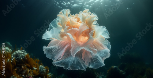 Gorgeous Jellyfish Bloom Drifting Showcase the ethereal beauty of a jellyfish bloom as it drifts serenely through the ocean currents  its translucent bodies pulsating with a mesmerizing rhythm