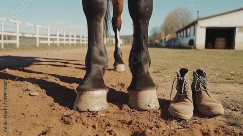 a close up of a person's feet and a horse's boots on a dirt road in front of a white fence. photo