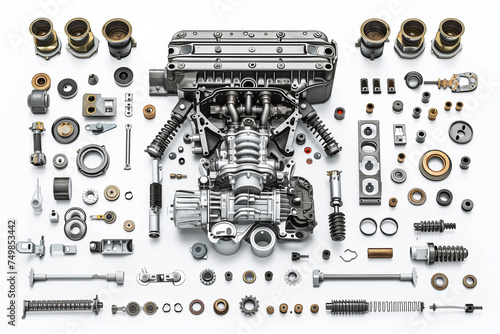 An AI generative image of car engine been dismantle and seperate on white background.