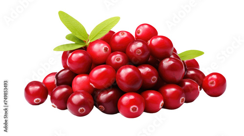 A Pile of Cranberries With Leaves on Top. A collection of vibrant red cranberries heaped together, topped with fresh green leaves. on White or PNG Transparent Background.