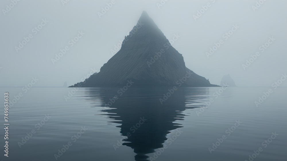 an island in the middle of a body of water with a large rock sticking out of it's side.