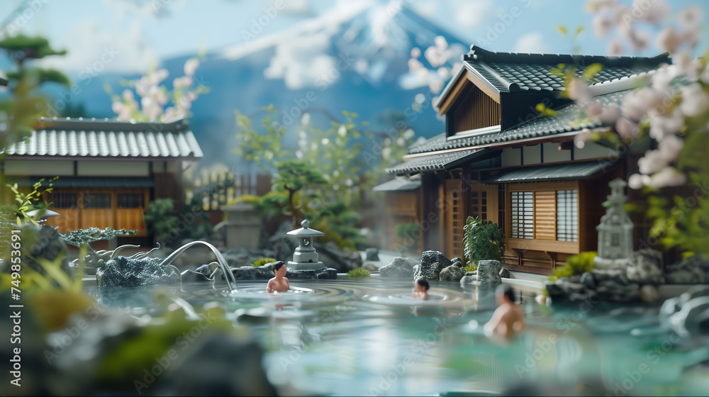 Obraz premium Traveling to Japan's hot springs, open-air hot springs, hot spring resorts, hot springs with snow-covered mountains nearby, soaking in hot springs