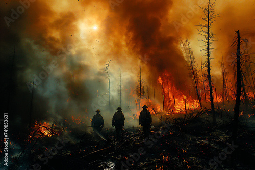Aftermath of a forest fire, firefighters surveying the charred landscape and assessing the damage to wildlife habitats and ecosystems