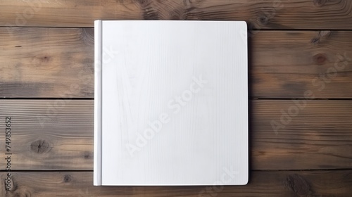 White Book from Above, Resting on an Old Wooden Plank Background.