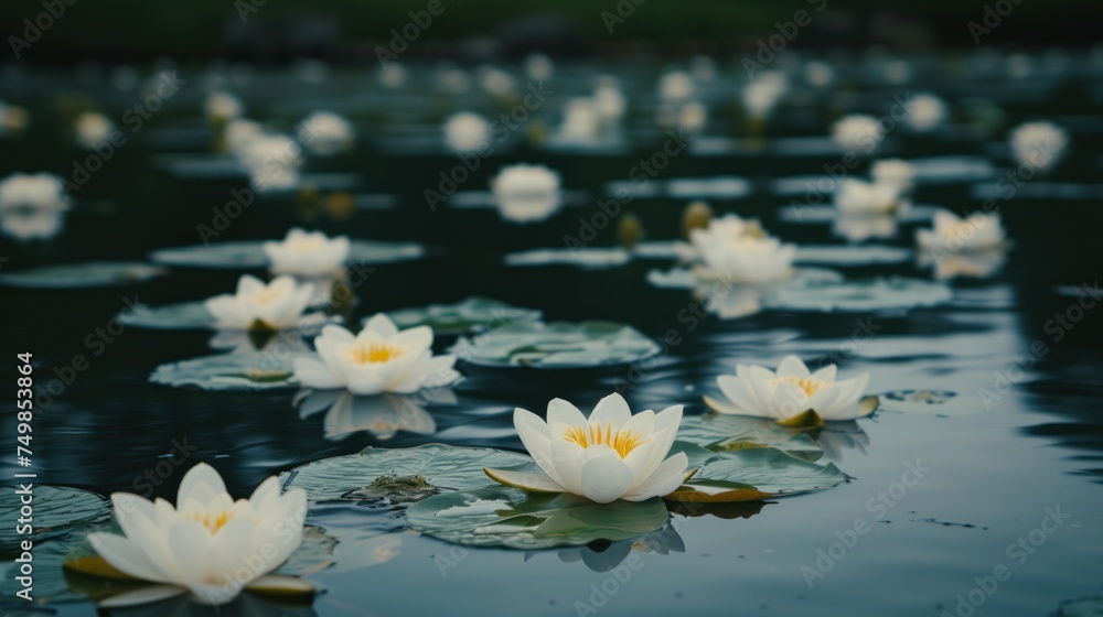 a group of white water lilies floating on top of a body of water with lily pads in the foreground.