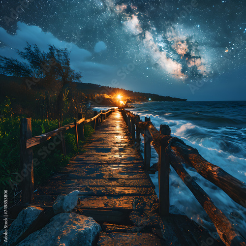 Wooden Pier Leading Out to Sea with Beautiful Starry Night View. Wooden Bridge Over the Sea