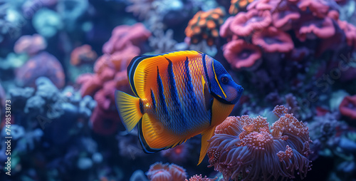 fish in aquarium, Graceful Angelfish Gliding Among Coral Showcase the elegance of an angelfish as it glides gracefully among colorful coral formations, its vibrant colors adding a splash of beauty to 
