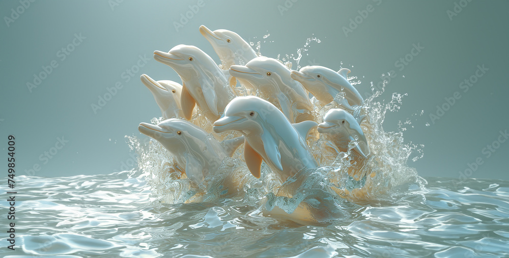 jellyfish in water, Graceful Dolphin Pod Swimming Showcase the elegance and grace of a pod of dolphins as they swim effortlessly through the crystal-clear waters, their sleek bodies gliding in perfect - obrazy, fototapety, plakaty 