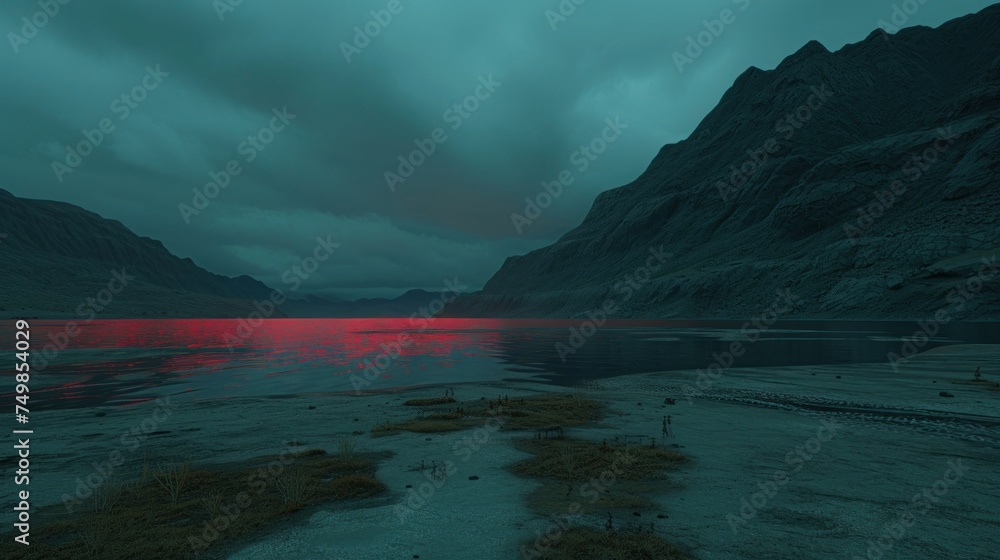 a large body of water with a mountain in the background and a red light in the middle of the water.