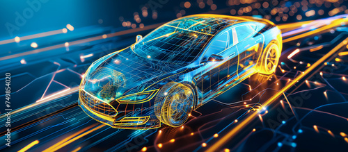 Supercar in holographic for travel and transportation concept in futuristic line graphic, design for abstract wallpaper and background in technology of future concept, elctric vehicle art design