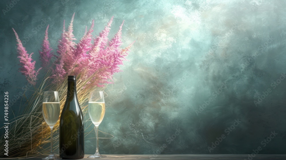 a vase filled with pink flowers next to a bottle of wine and two glasses of wine on top of a table. - obrazy, fototapety, plakaty 