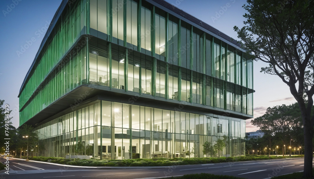 Sustainable green building. Energy efficient building. Sustainable glass office building with trees for reducing carbon dioxide. Office with green environment. Corporate building. 