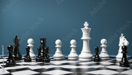 3d rendering, chess game black and white pieces over the blue background. Black queen stands in the middle of the chessboard between two rows of pawns. Politics concept, feminist leadership metaphor