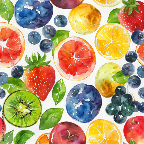 Bright and fresh watercolor pattern featuring citrus slices, kiwi, and berries, perfect for summery designs.