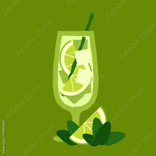 Green cocktail with lime, mint. Mojito. Cold soft liquid with citrus in glass. Alcohol drink for bar. Stemware with gin tonic and juice. Non-alcoholic beverage. Flat vector illustration with texture