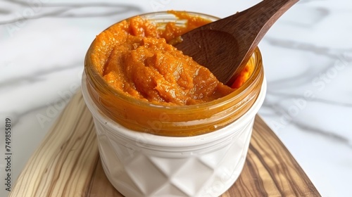 a close up of a jar of food on a table with a wooden spoon in it and a marble background. photo